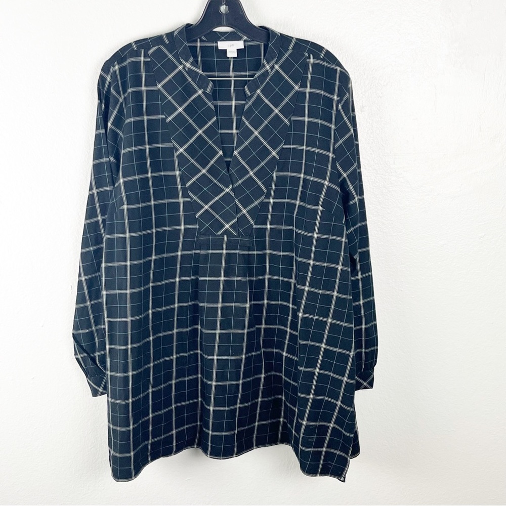 J. JILL 100% Cotton Black Plaid V-Neck Long Sleeves Tunic Top Size Large Cabin